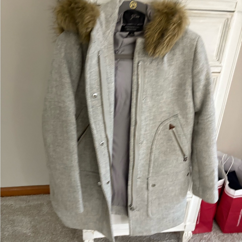 J. Crew Light Gray Stadium Coat with Faux Fur Trim